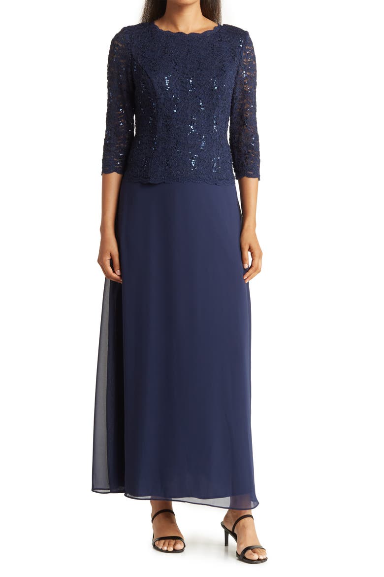 Sequin Lace & Chiffon Gown, Main, color, NAVY
