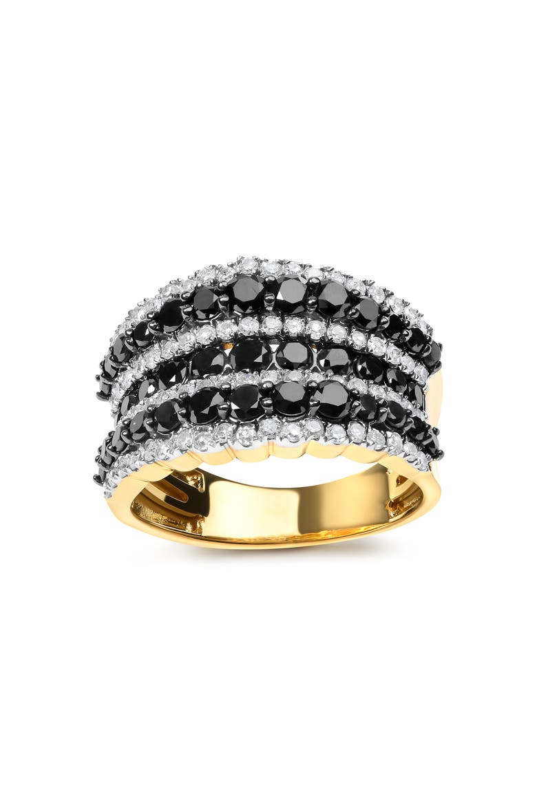 14K Yellow Gold Plated Silver 1 3/4 Cttw Black and White Diamond Multi Row Band Ring, Alternate, color, Yellow Gold over Silver