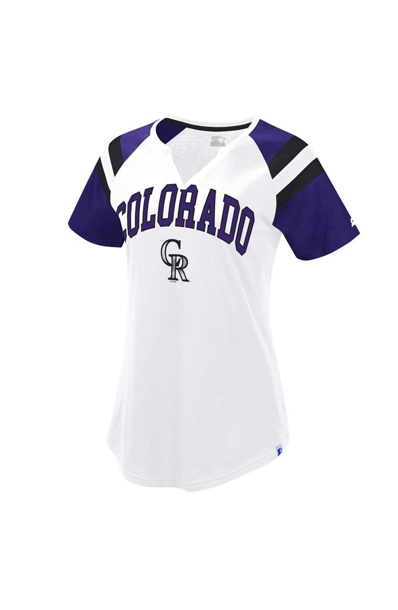 STARTER Women's Starter White/Purple Colorado Rockies Game On Notch Neck Raglan T-Shirt, Main, color, 