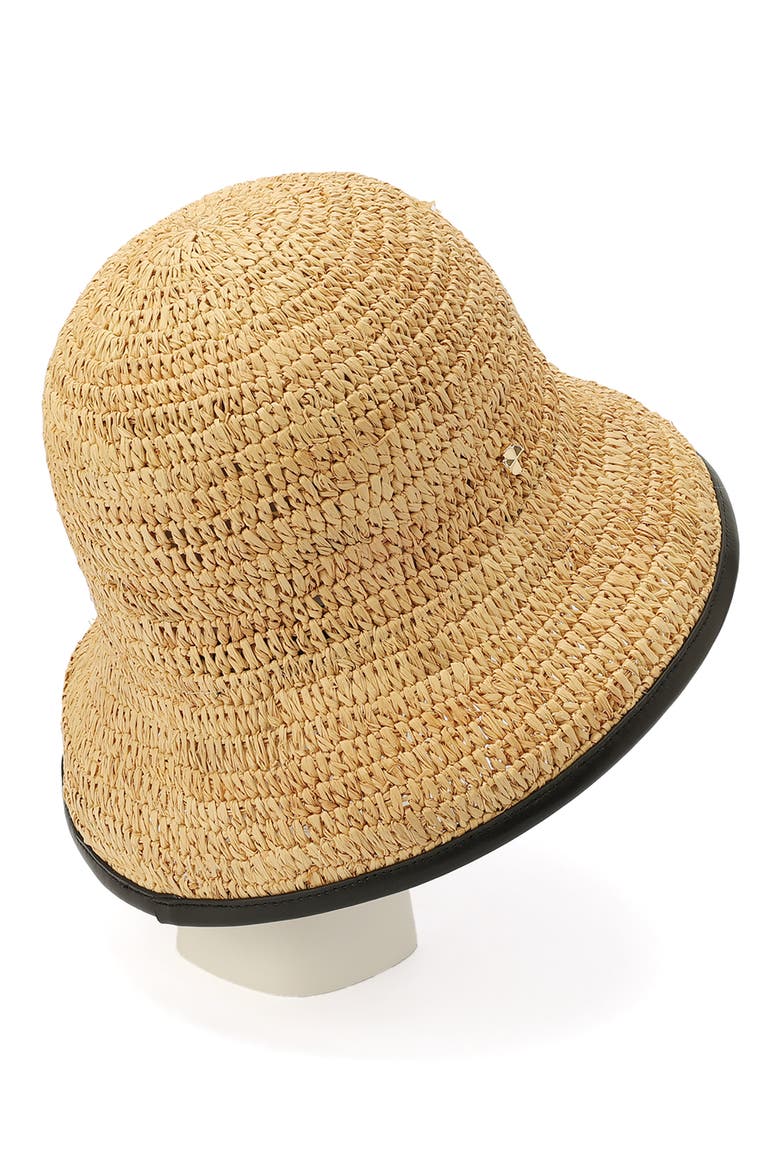 piped straw cloche hat, Alternate, color, BLACK