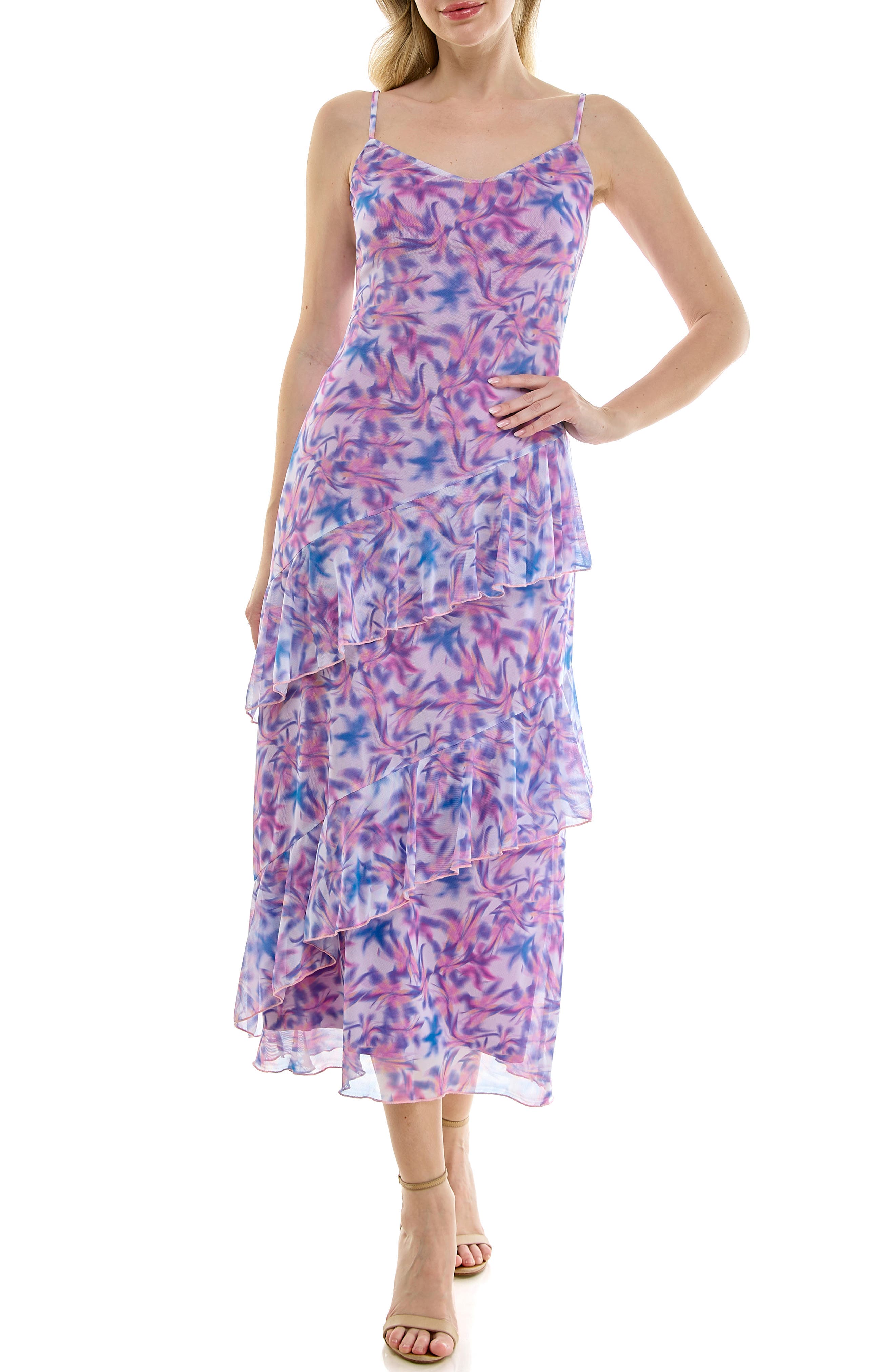 bebe Print Mesh Ruffle Maxi Dress
