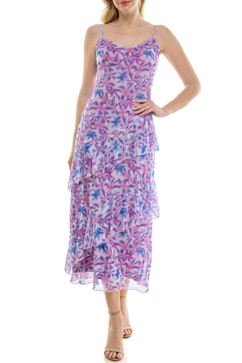 Print Mesh Ruffle Maxi Dress, Main, color, PURPLE/BLUE MULTI