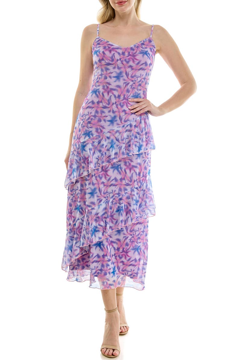 bebe Print Mesh Ruffle Maxi Dress, Main, color, 