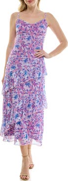 bebe Print Mesh Ruffle Maxi Dress
