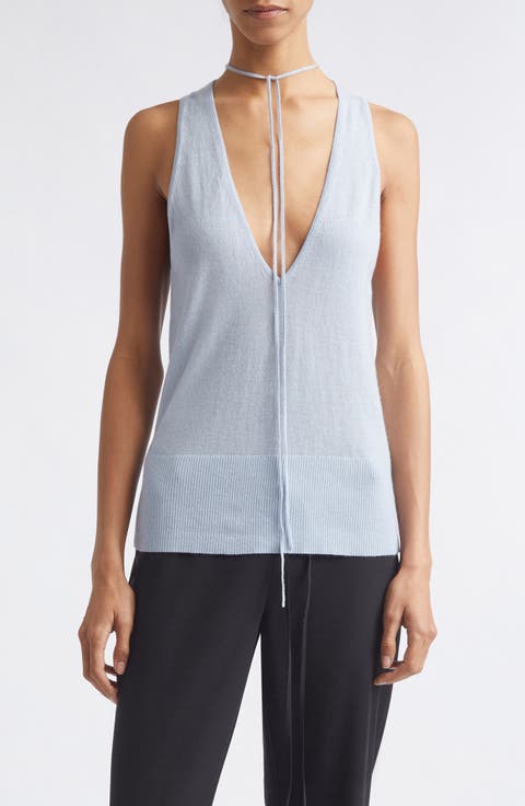 Plunge Neck Merino Wool Knit Tie Top