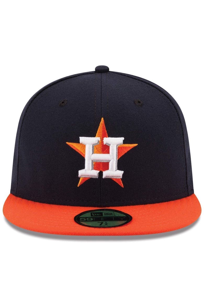 Men's New Era Navy/Orange Houston Astros Road Authentic Collection On Field 59FIFTY Performance Fitted Hat, Alternate, color, NAVY