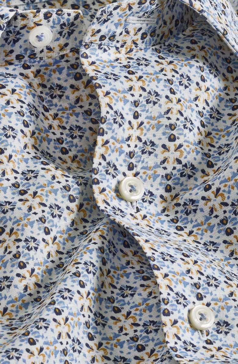 David Donahue Floral Print Linen & Cotton Short Sleeve Button-Up Shirt, Alternate, color, White/ Blue