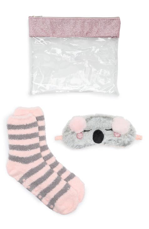 Kids' Faux Fur Koala Eye Mask, Fuzzy Socks & Clear Pouch Set (Big Kid)