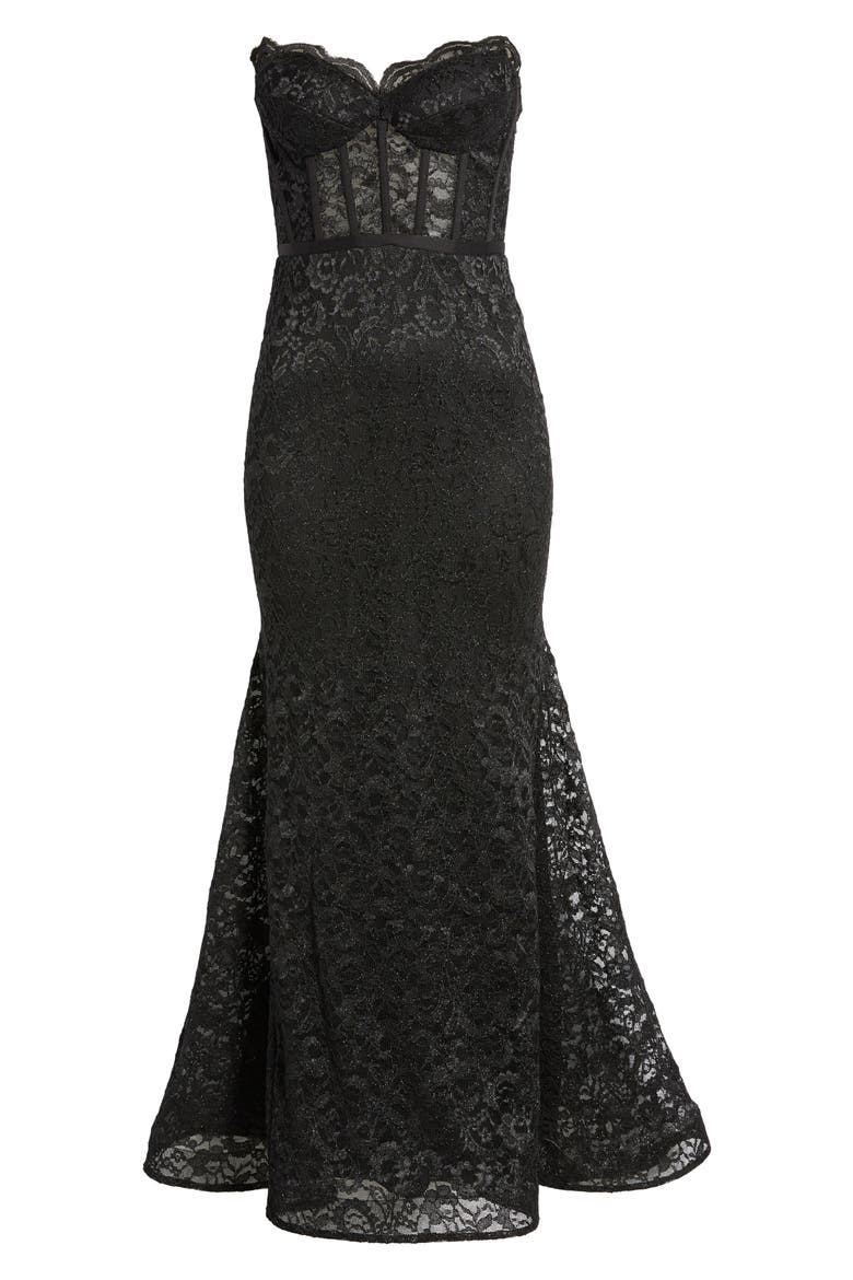 Glitter Lace Strapless Mermaid Gown, Alternate, color, BLACK