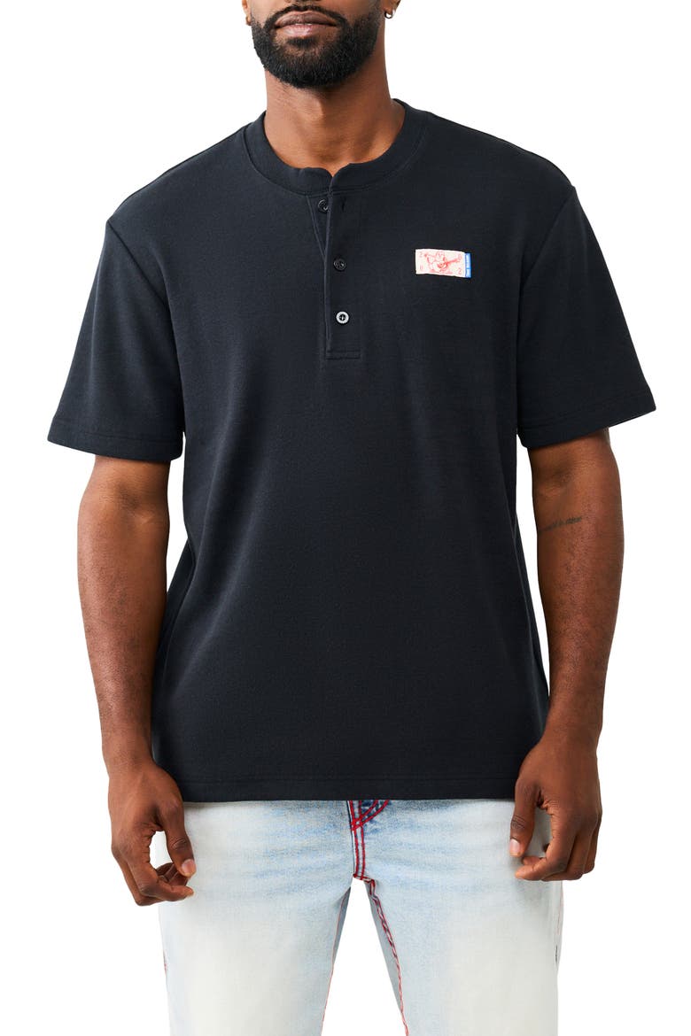 Buddha Cotton Graphic Henley, Main, color, JET BLACK