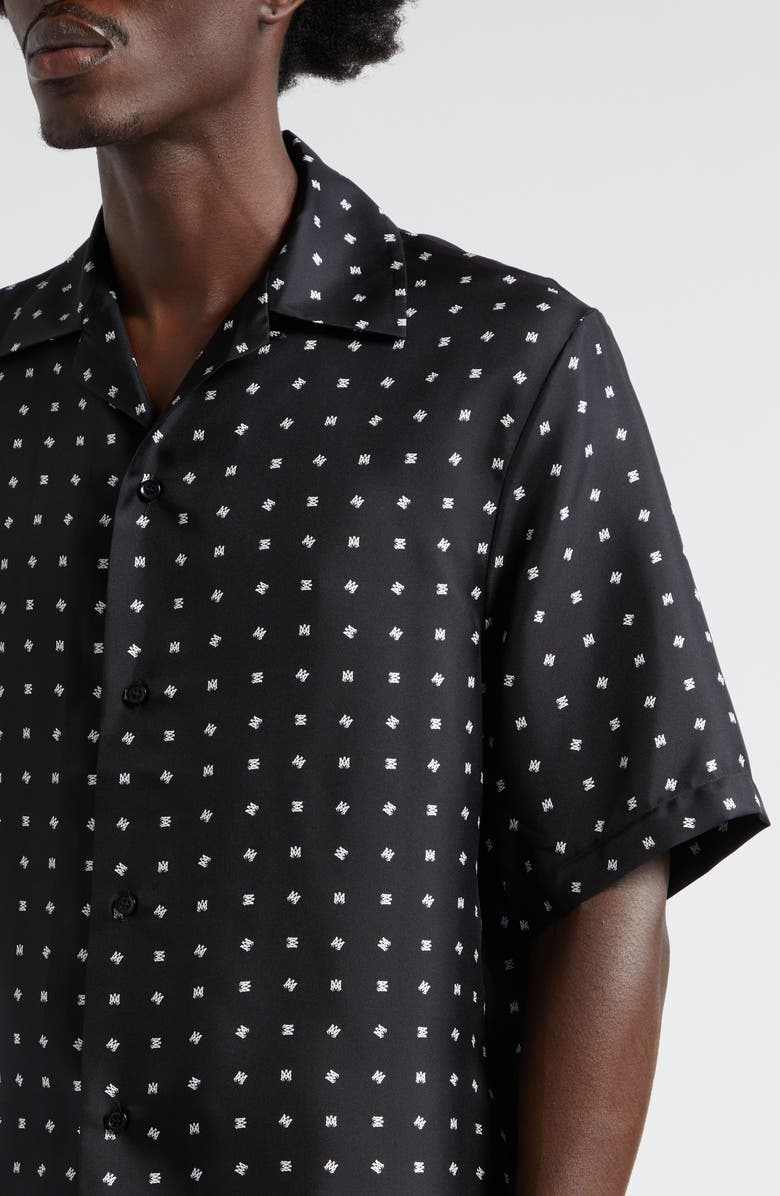 AMIRI Mix & Match Monogram Logo Print Silk Camp Shirt, Alternate, color, Black