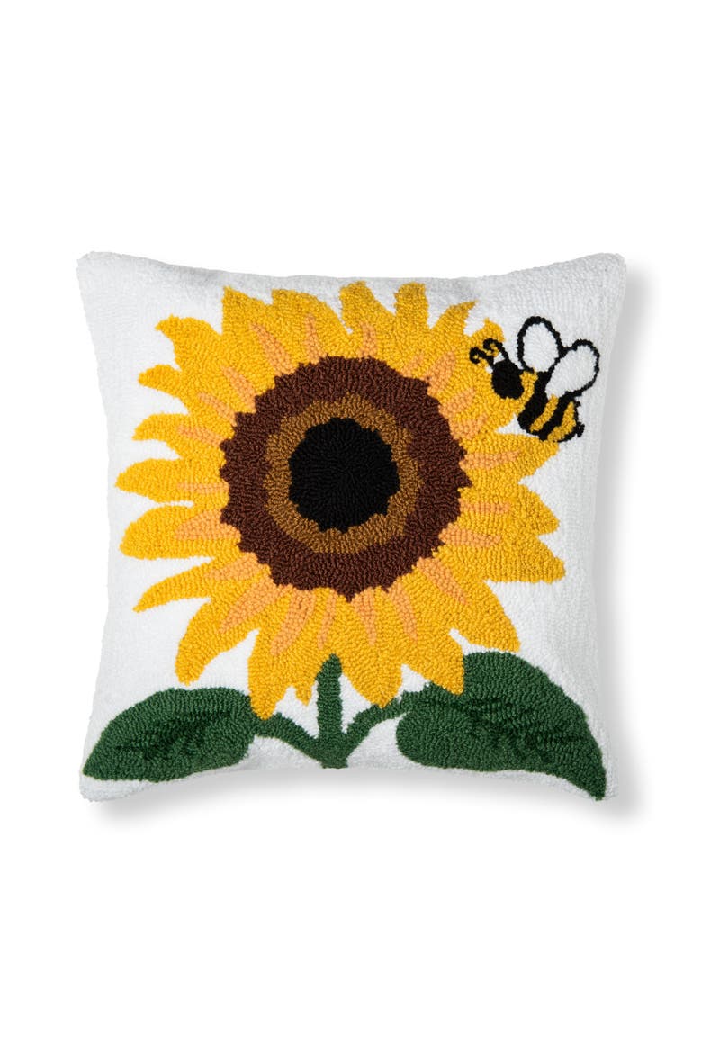Sunflower & Bee Hooked Accent Pillow, 18" x 18", Main, color, White