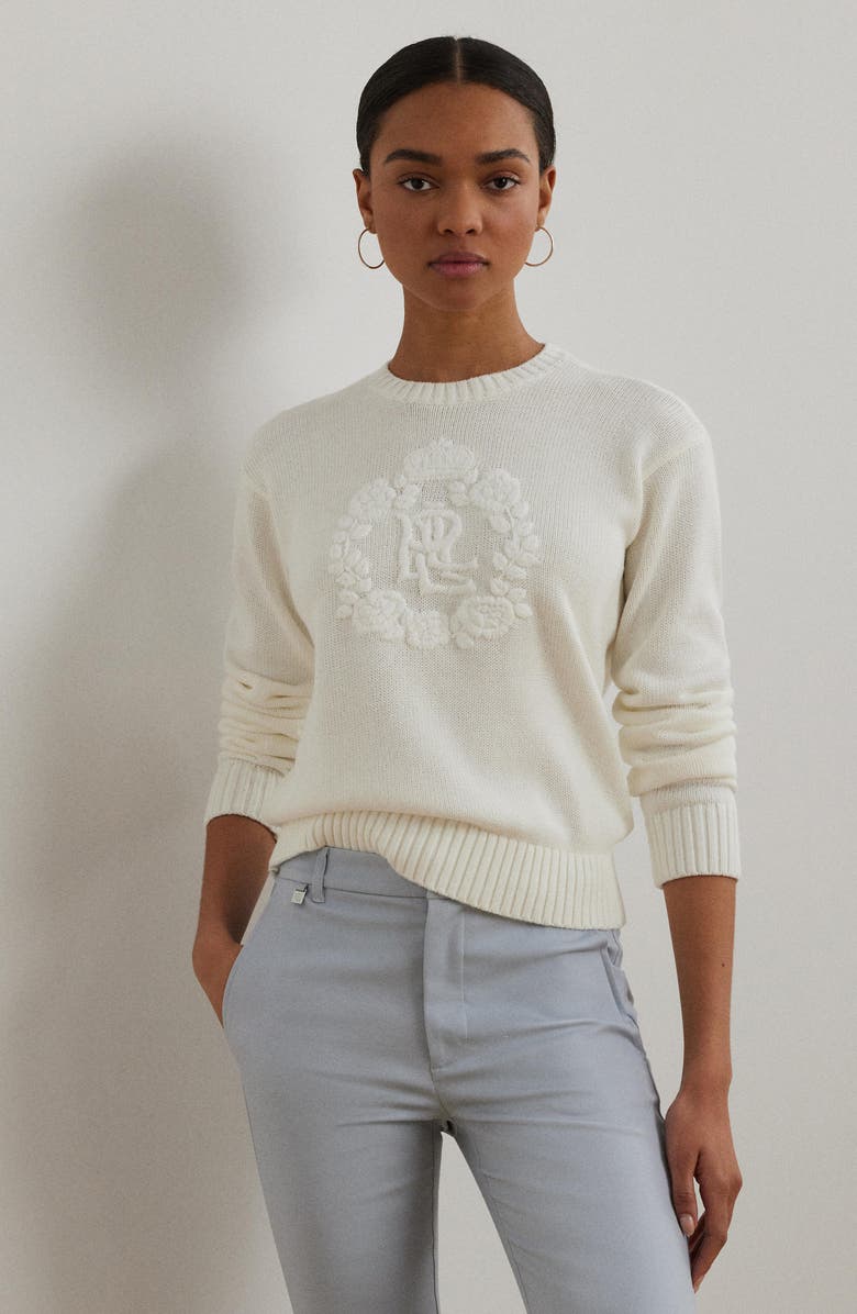 Lauren Ralph Lauren Floral Logo Combed Cotton Sweater, Alternate, color, 