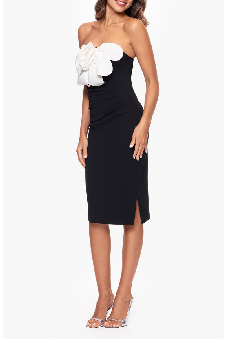 Floral Appliqué Strapless Scuba Knit Sheath Cocktail Dress, Alternate, color, BLACK/ WHITE