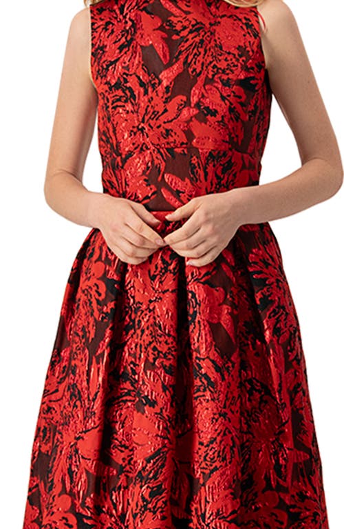 Ivonne Sleeveless Red And Black Jacquard Midi Dress In Red