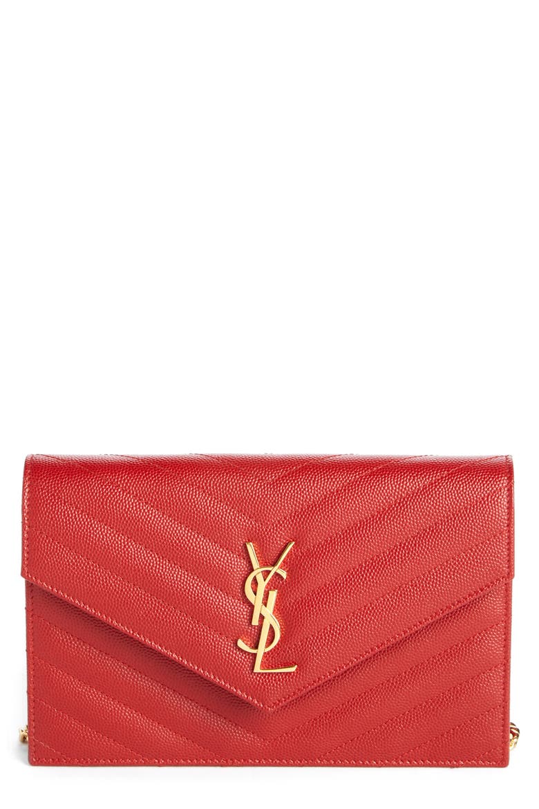'Small Mono' Leather Wallet on a Chain, Main, color, ROUGE LIPSTICK