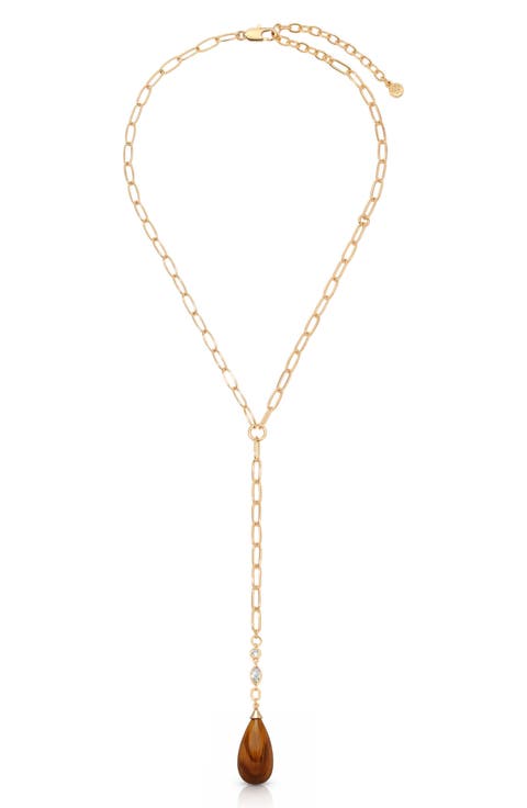 Tiger Eye Teardrop Lariat Necklace