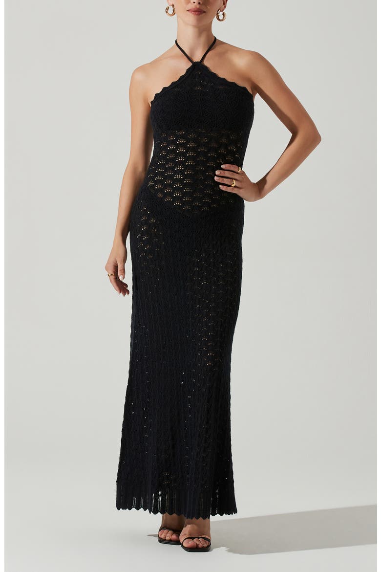 Shira Pointelle Stitch Halter Maxi Dress, Main, color, BLACK