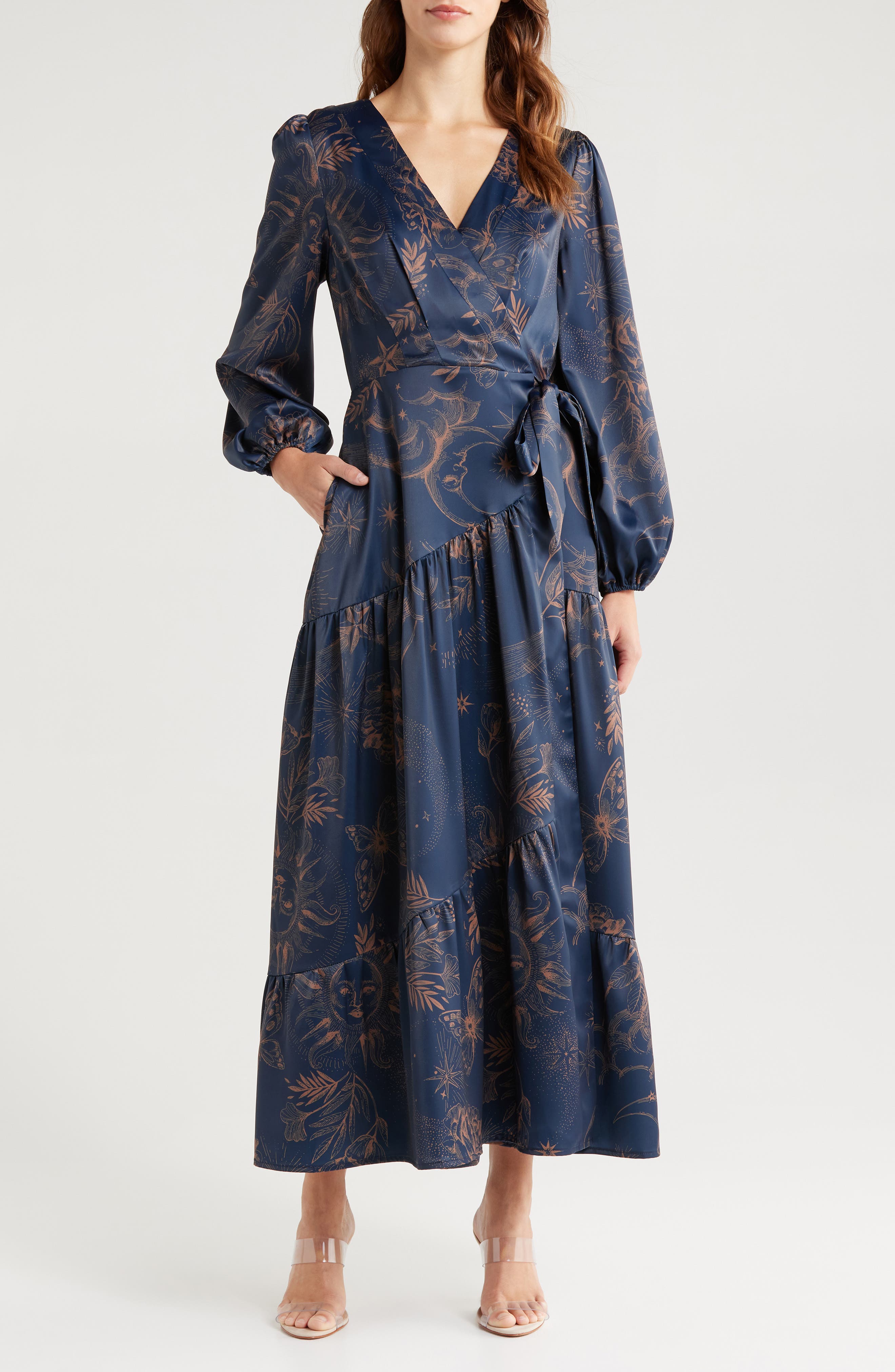 Lilian Long Sleeve Satin Maxi Wrap Dress