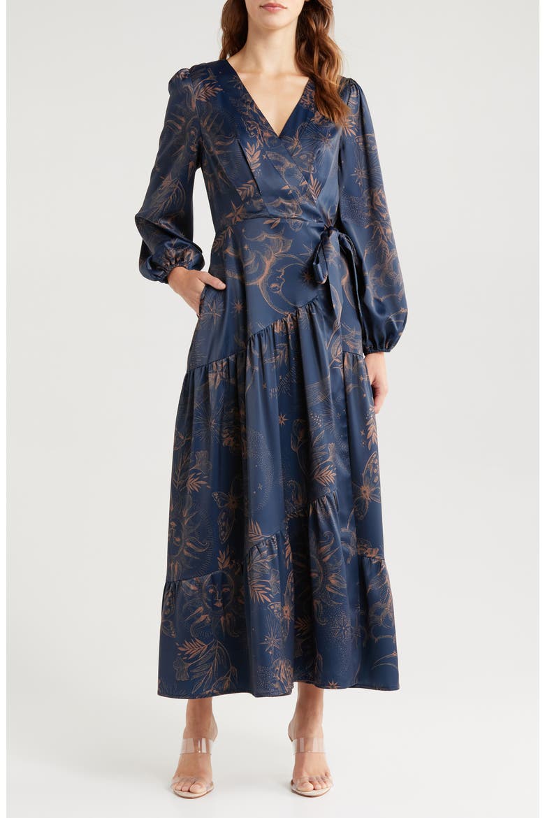 Lilian Long Sleeve Satin Maxi Wrap Dress, Main, color, NAVY MULTI