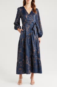 CIEBON Lilian Long Sleeve Satin Maxi Wrap Dress