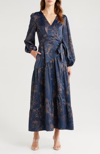 Ciebon Lilian Long Sleeve Satin Maxi Wrap Dress In Multi