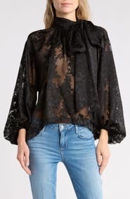 L'AGENCE Rhett Oversized Burnout Tie Neck Blouse