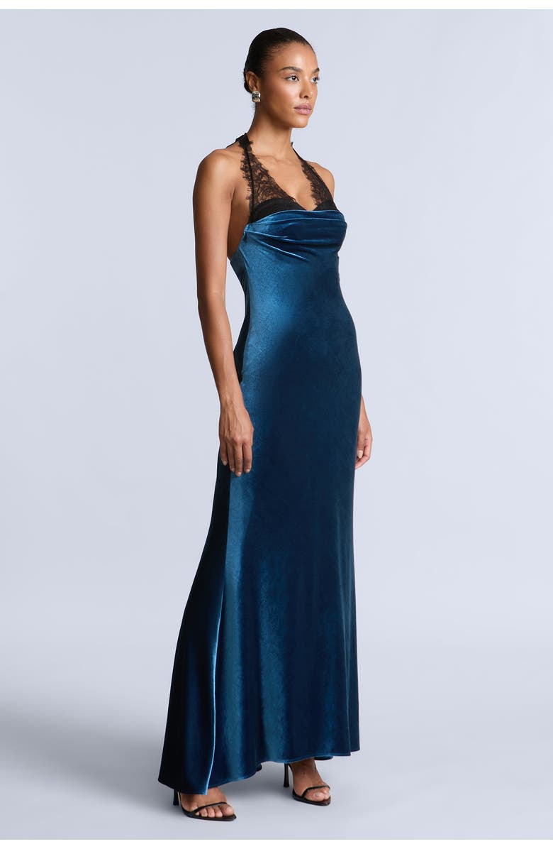 BCBGMAXAZRIA Lace Velvet Gown, Alternate, color, Black & Sky Captain Combo