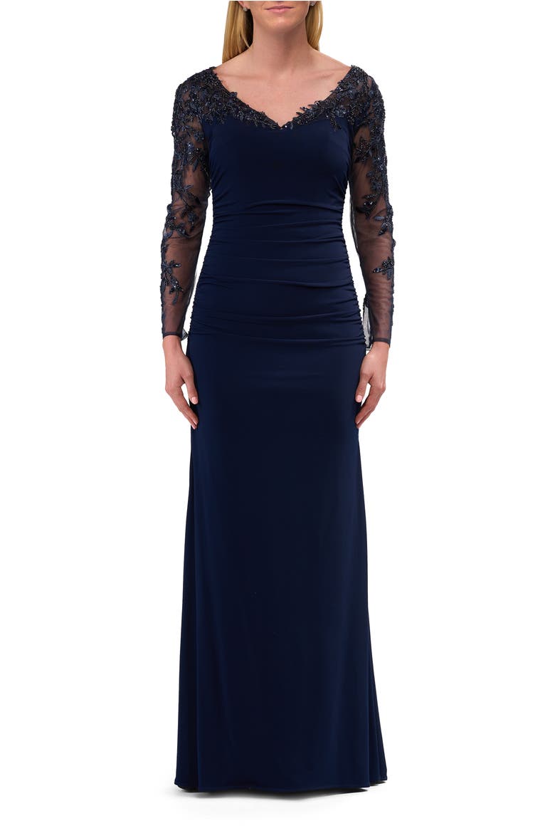 Elegant Evening Jersey Dress with Illusion Lace Sleeves, Main, color, Navy