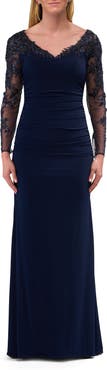 La Femme Elegant Evening Jersey Dress with Illusion Lace Sleeves