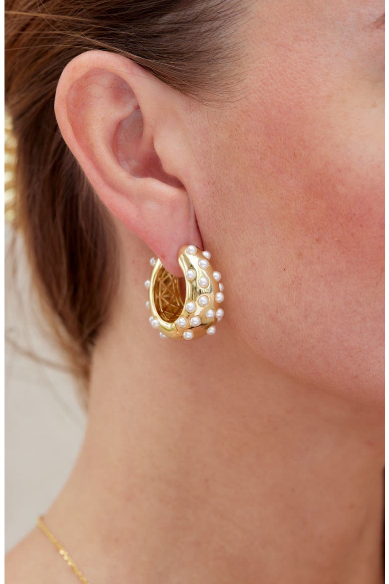 Faux Pearl Hoop Earrings, Alternate, color, GOLD