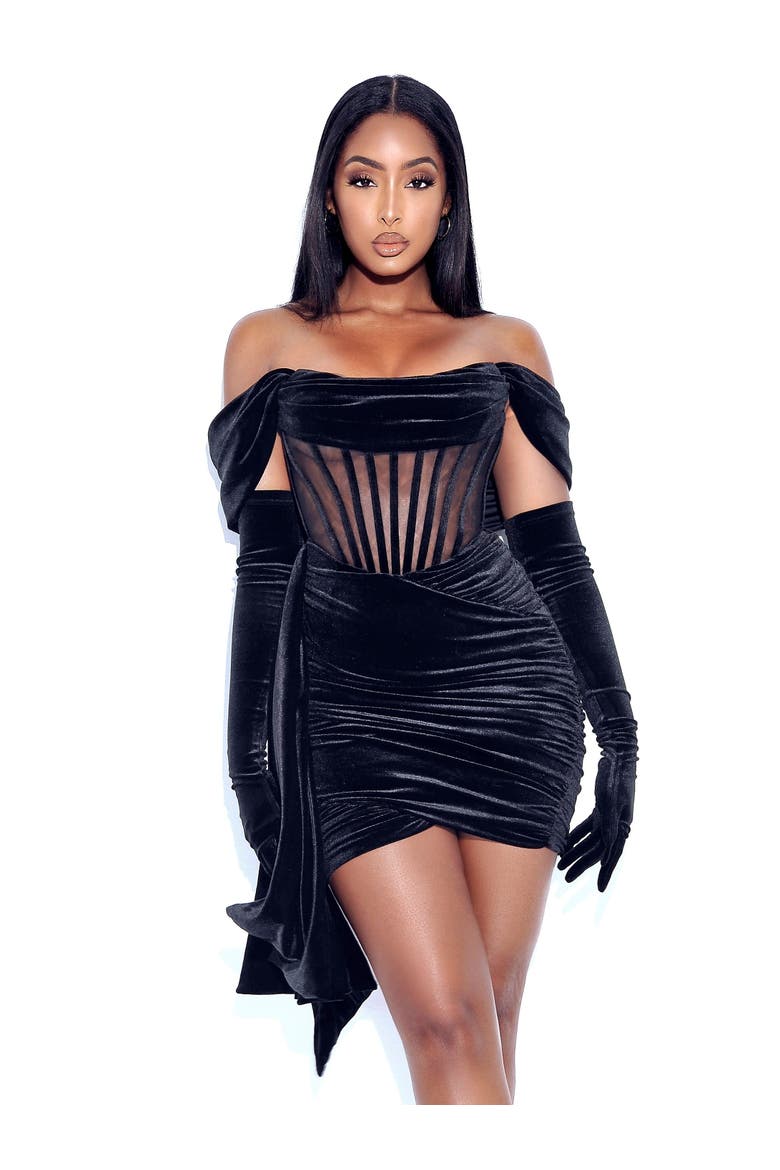 Irisa Draping Off Shoulder Corset Dress, Alternate, color, Black