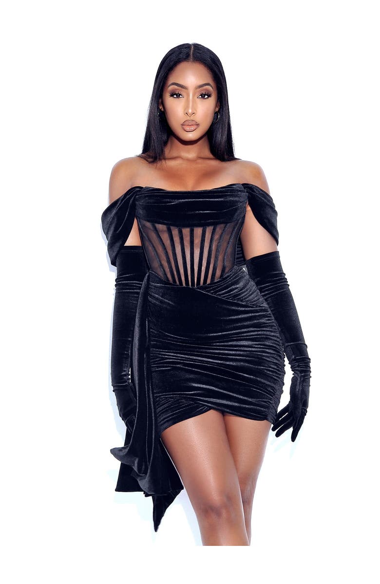 Miss Circle Irisa Draping Off Shoulder Corset Dress, Alternate, color, Black