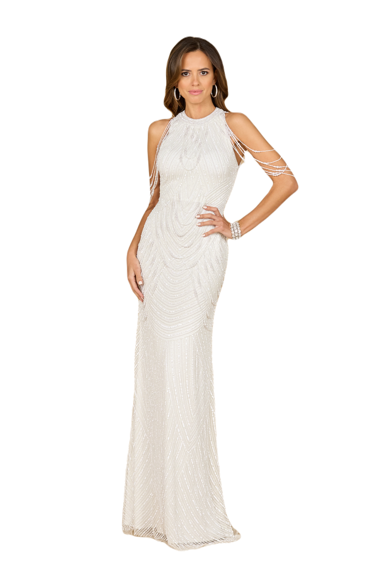 Halter Neck Gown with Fringe, Alternate, color, Ivory
