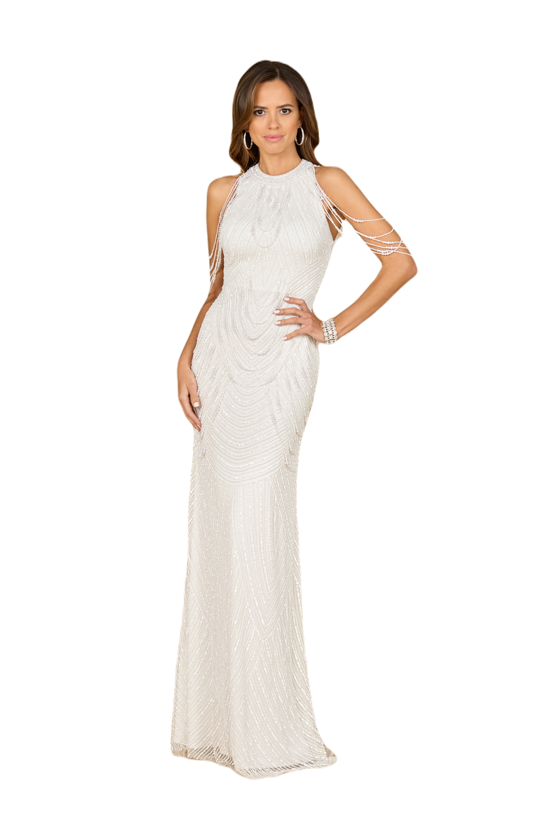 LARA New York Halter Neck Gown with Fringe, Alternate, color, Ivory