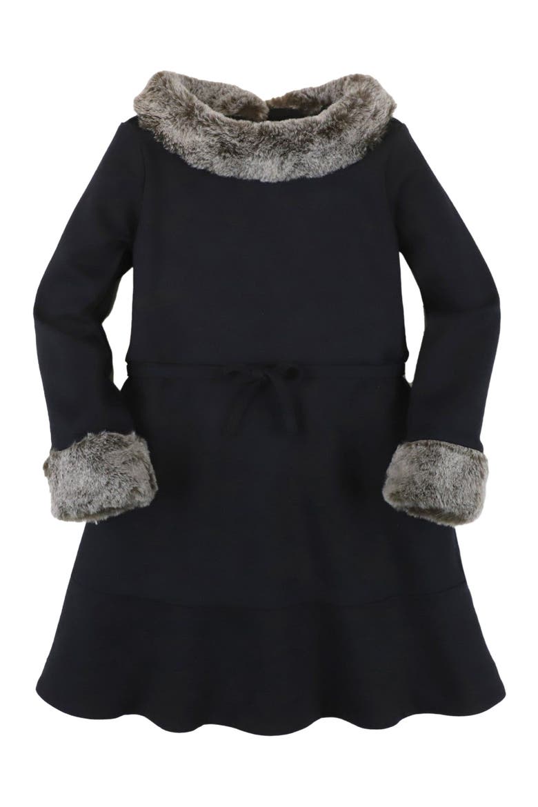 Baby Girls' Long Sleeve Ponte Dress with Faux Fur, Infant, Main, color, Black Long Sleeve
