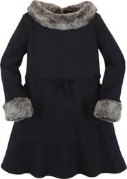 Hope & Henry Baby Girls' Long Sleeve Ponte Dress with Faux Fur, Infant