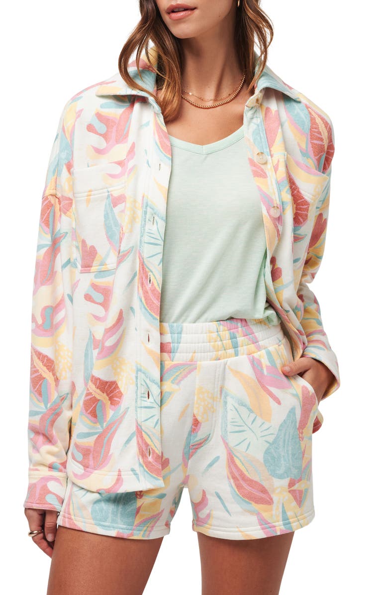 TravisMathew Vacay & Rose Leaf Print Knit Button-Up Shirt, Main, color, 