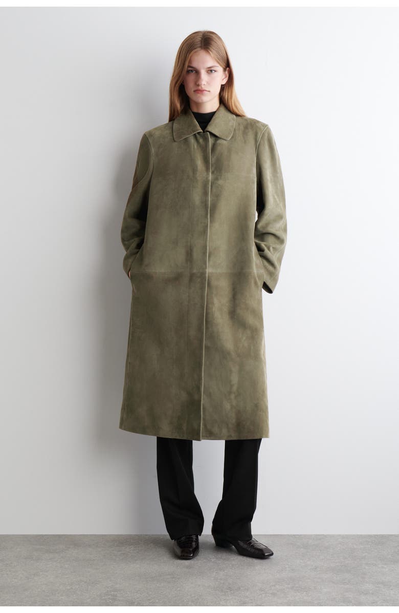 COS Collared Suede Long Coat, Main, color, Khaki