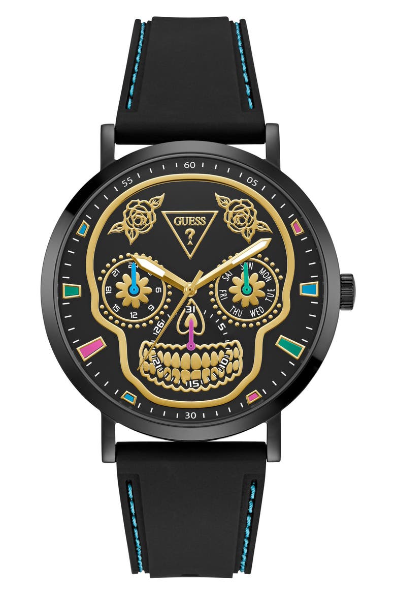 Day of the Dead Black Multifunction Silicone Strap Watch, 44mm, Main, color, BLACK