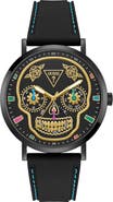 GUESS Day of the Dead Black Multifunction Silicone Strap Watch, 44mm