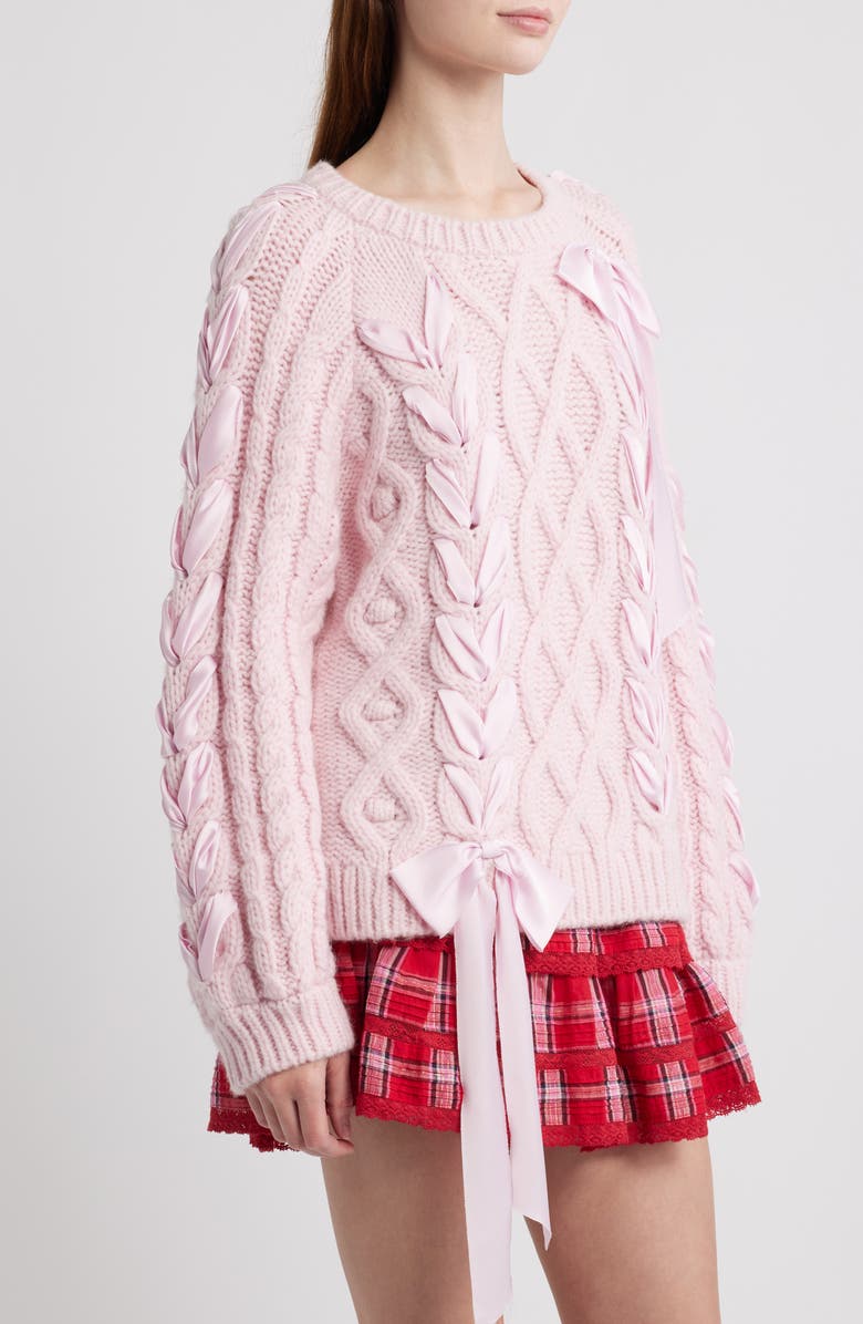 LoveShackFancy Kloss Ribbon Detail Alpaca Blend Cable Sweater, Alternate, color, Ballet Slipper