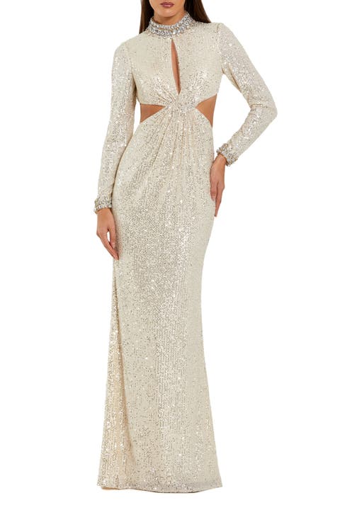 Long Sleeve Sequin Cut Out Gown