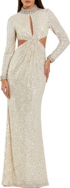 Mac Duggal Long Sleeve Sequin Cut Out Gown