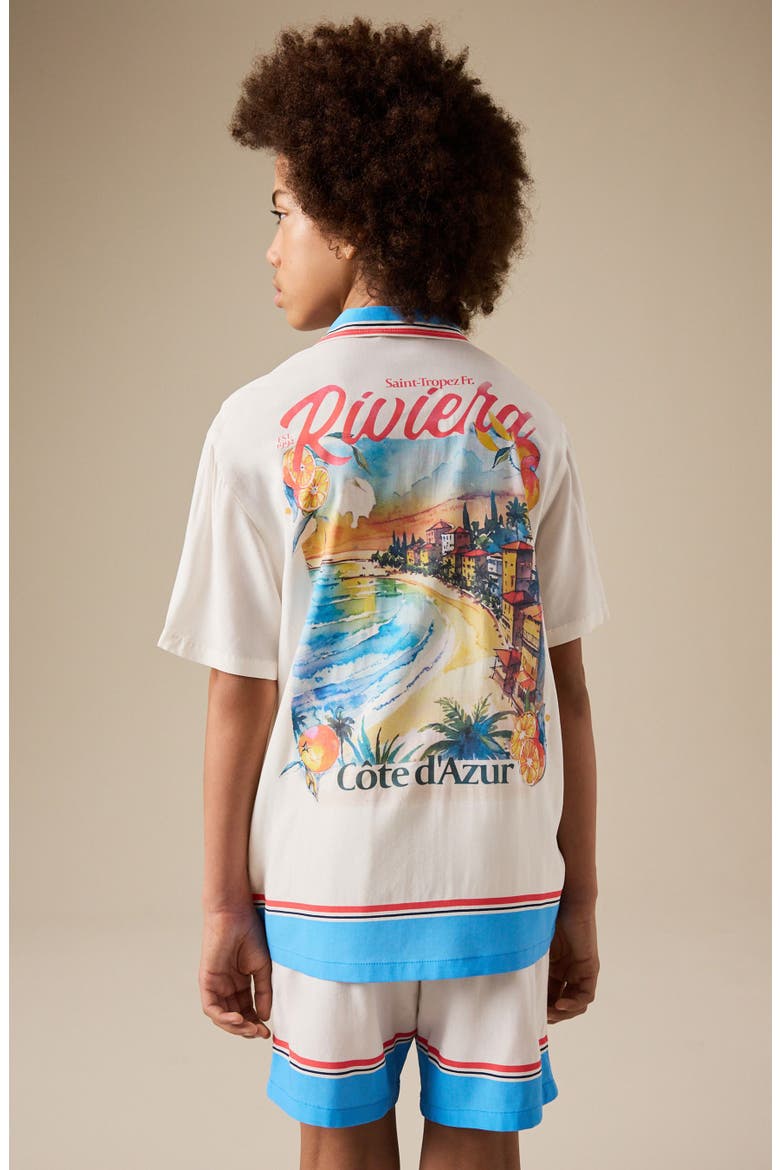 Kids' Postcard Print Camp Shirt & Drawstring Shorts Set, Alternate, color, WHITE