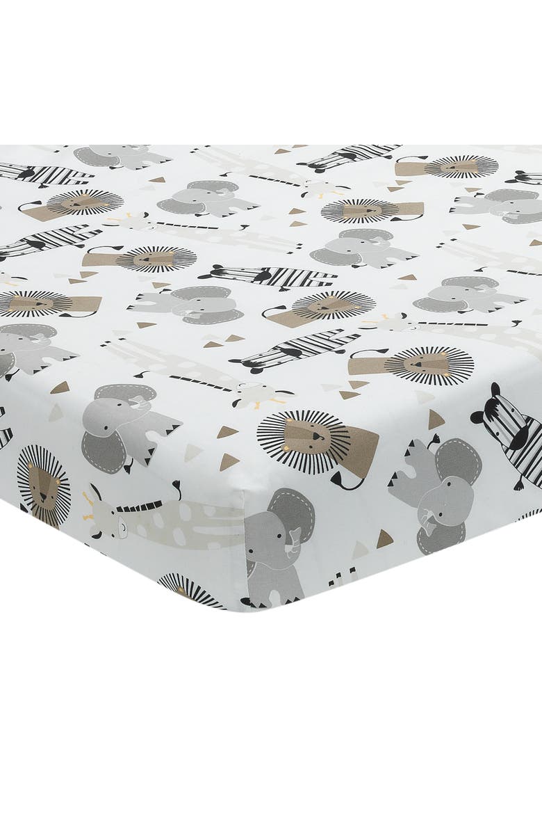 Lambs & Ivy Jungle Safari 100% Cotton Elephant/Lion Fitted Crib Sheet, Main, color, White Multi