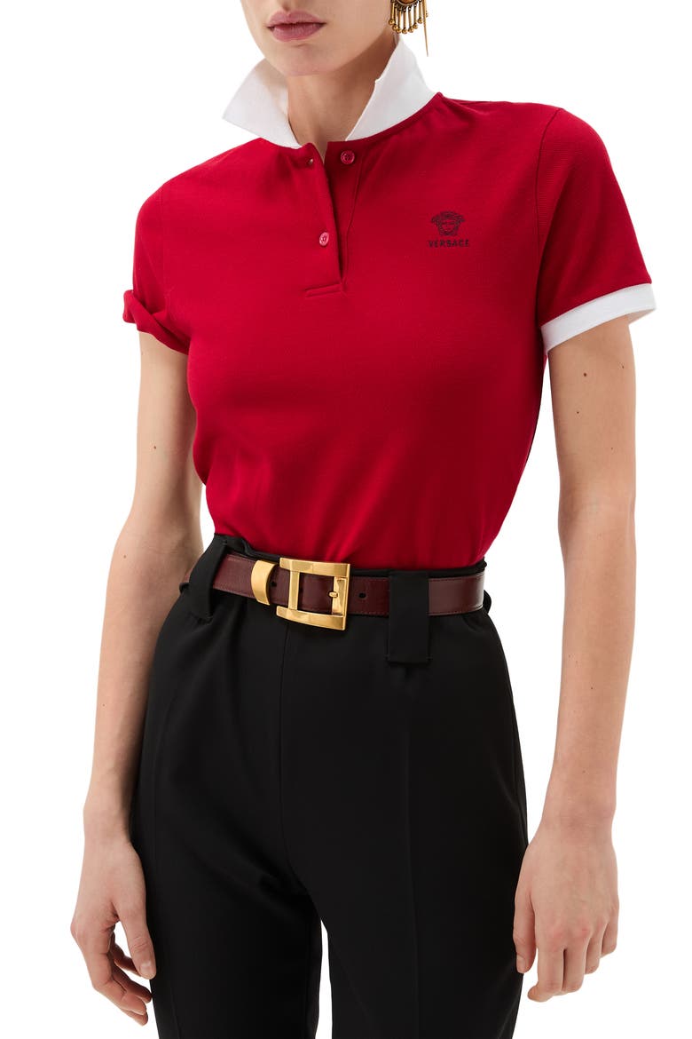 Gender Inclusive Embroidered Medusa Cotton Piqué Polo, Main, color, LIPSTICK RED WHITE