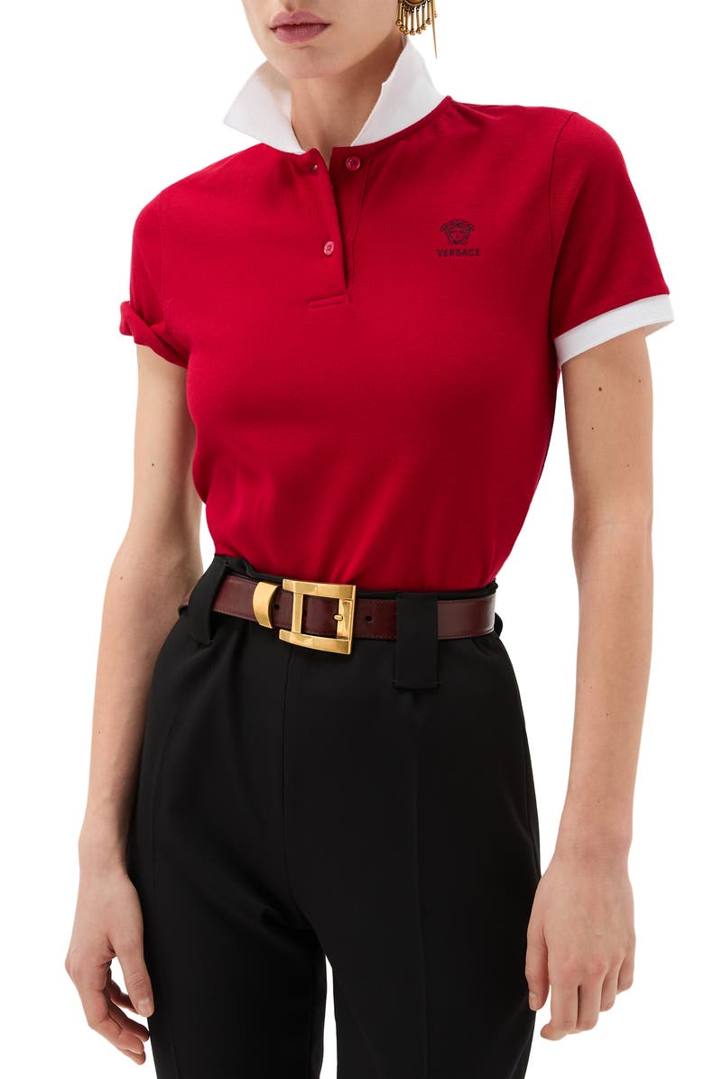 Versace Gender Inclusive Embroidered Medusa Cotton Piqué Polo, Main, color, Lipstick Red White