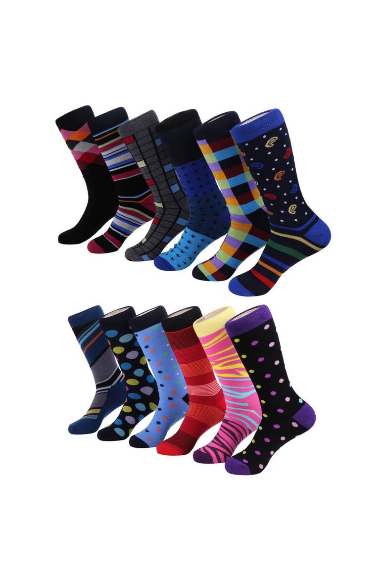 Fashion Patterned Cotton Blend Dress Socks 12-Pack Gift Set, Main, color, Cool Collection