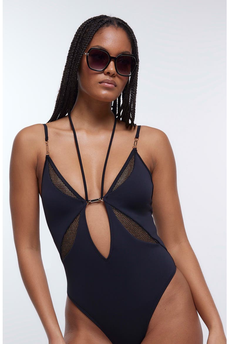 Mesh Insert One-Piece Swimsuit, Alternate, color, BLACK